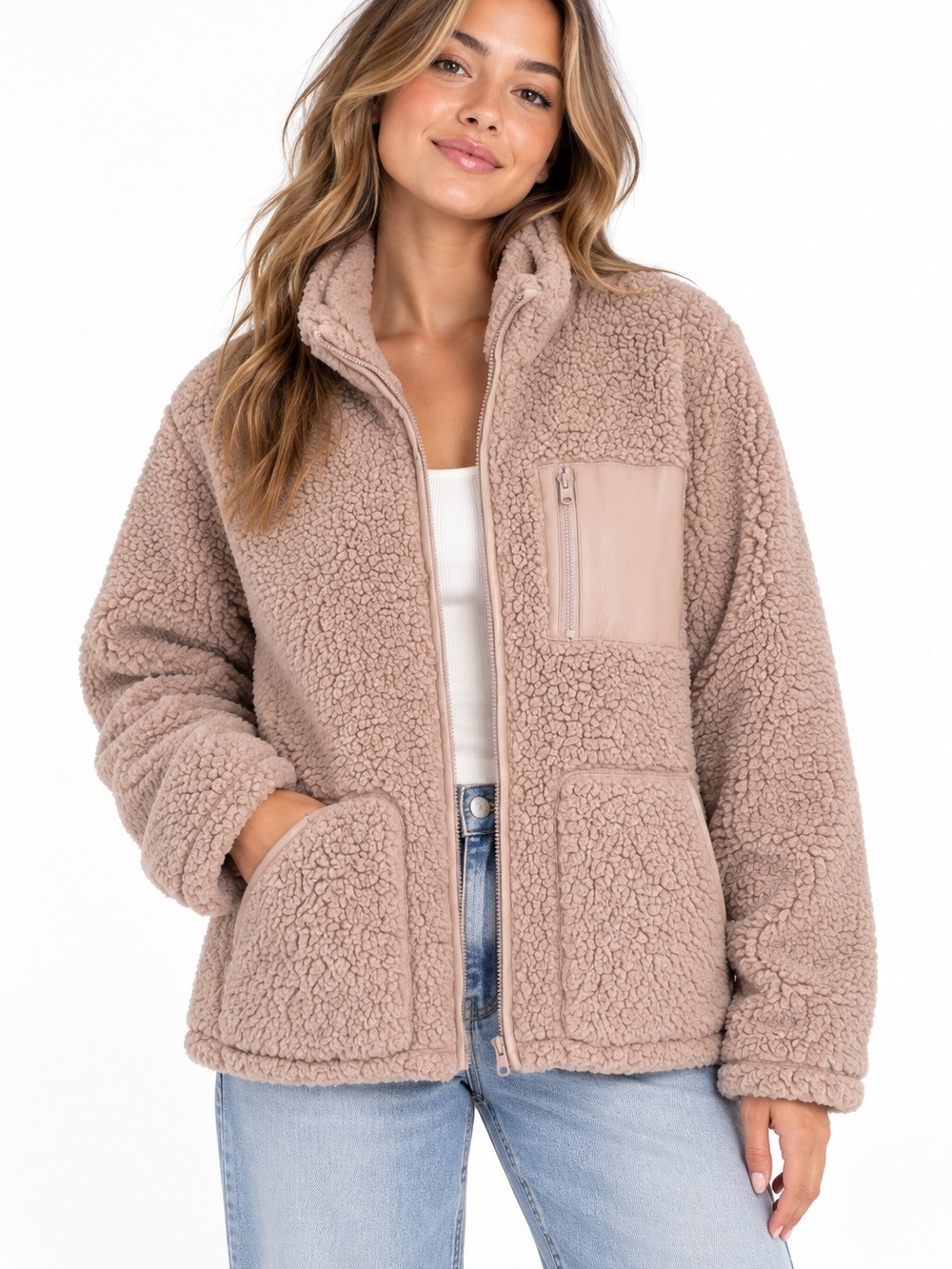 Abercrombie & Fitch SoftAF Cozy Teddy Fleece sweater Jacket Mauve Beige Medium